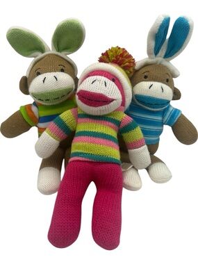 Dan Dee Sock Monkey Plush Lot of 3 Bunny Ears Beanie Striped Knit Stuffed Monkey
